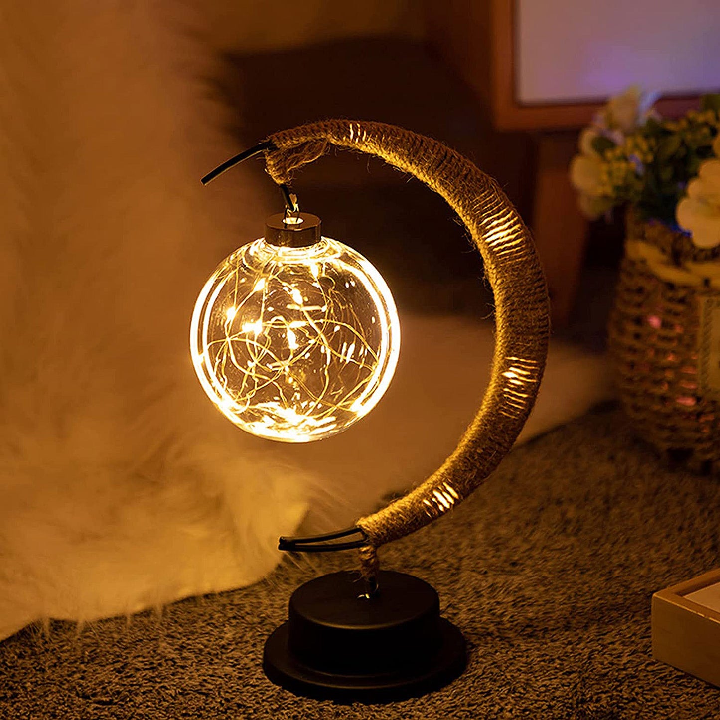 LED Lantern Enchanted Lunar Lamp Light - Handmade Hemp Rope Iron