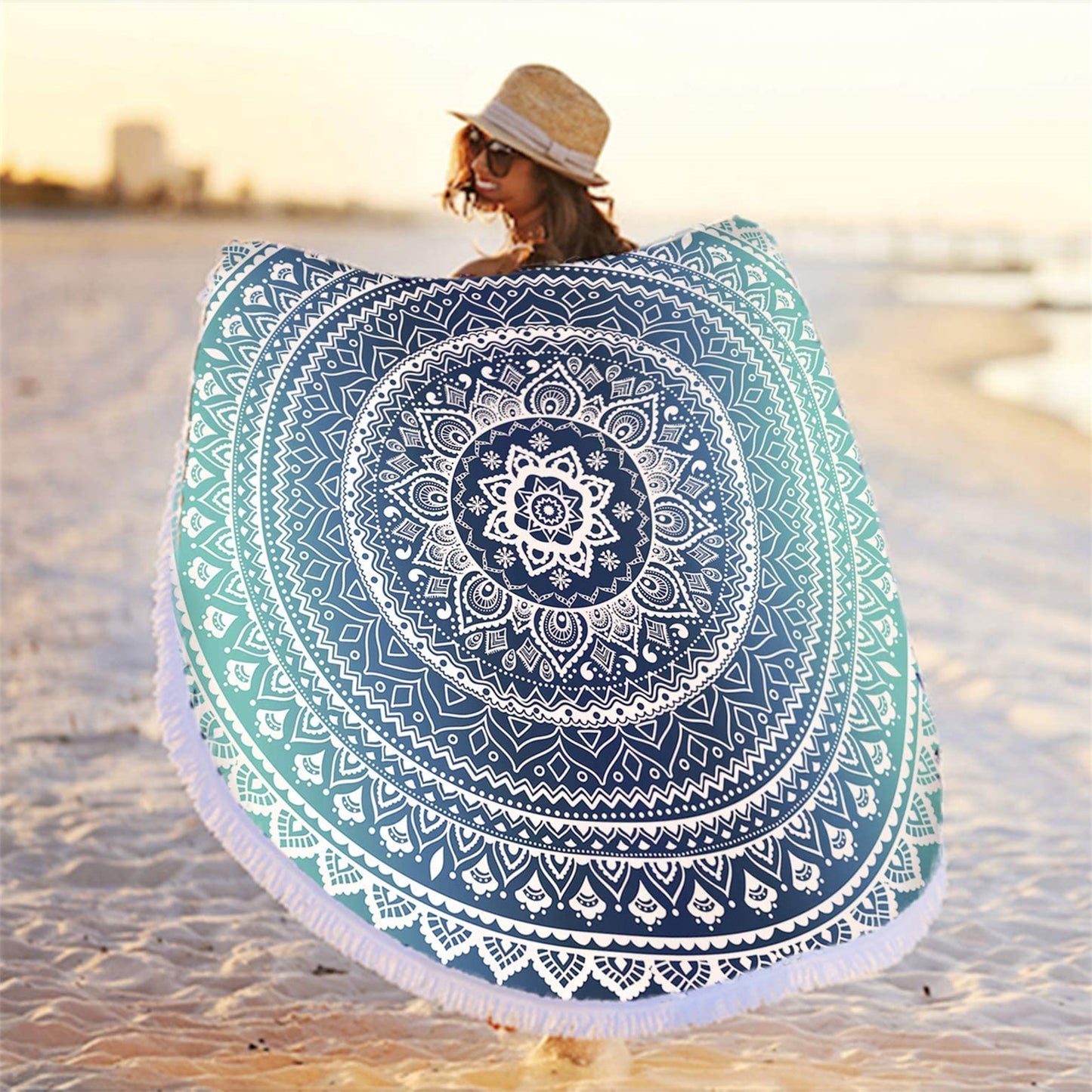 59 Inches Round Microfiber Beach Towel Blanket for Yoga, Beach, Picnic, and Mandala Decor